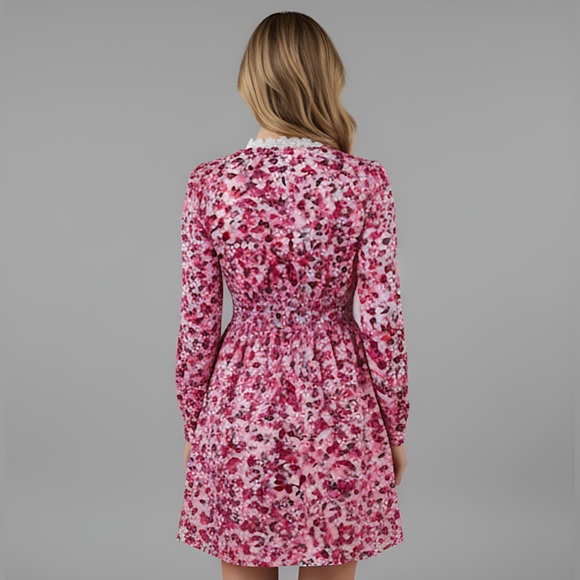 Floral Print Guipure Lace Trim Ruched Front Dress - Picture 4 of 9